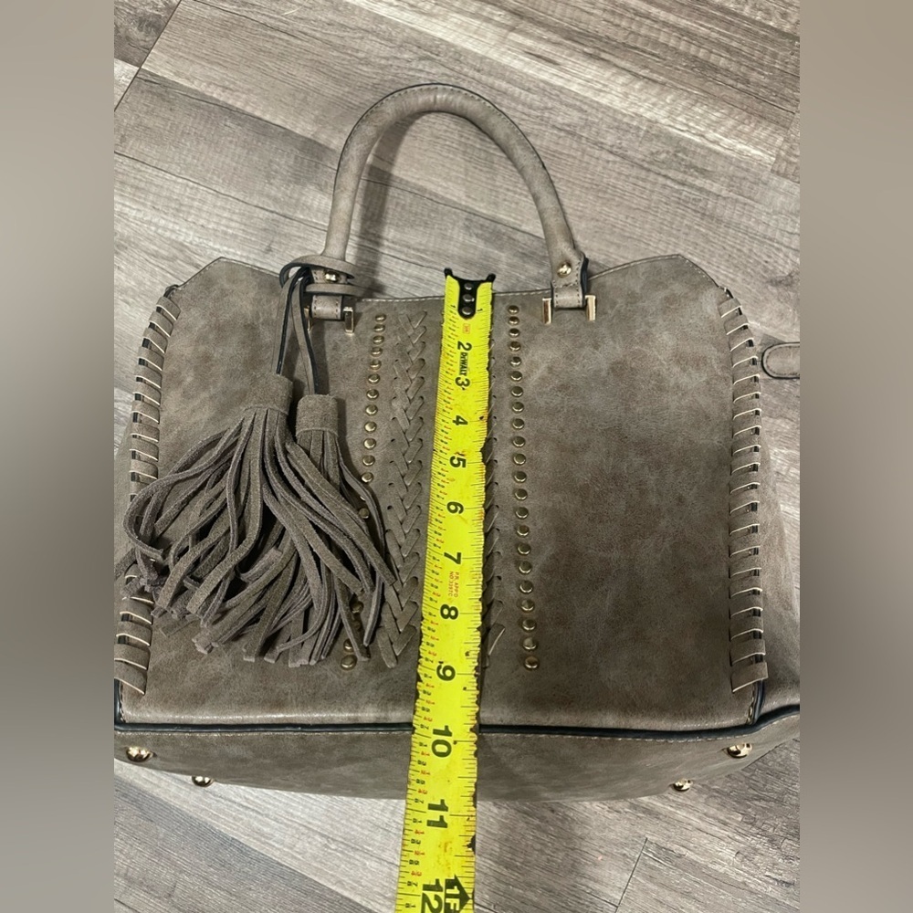 Westerncore nude tan satchel bag embellished fringe cowboy faux leather large - Picture 10 of 11